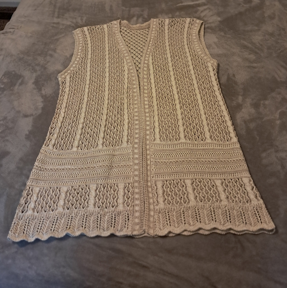 TICO Womens Beige Sleeveless Open Front Crochet Vest Cotton (Pamut) Sz. M L XL
